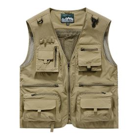 2024 Summer Men US Tactical Hiking Fishing Vest Mens 14 Pockets Photographer Waistcoat Mesh Sleeveless Jacket Fishing Vest 6XL (Color: Khaki, size: 6XL  100KG-105KG)