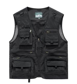 2024 Summer Men US Tactical Hiking Fishing Vest Mens 14 Pockets Photographer Waistcoat Mesh Sleeveless Jacket Fishing Vest 6XL (Color: Black, size: XL  65KG-70KG)